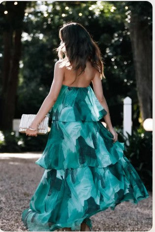 Chelsea - Off Shoulder Bandeau Printed Tiered Maxi Dress