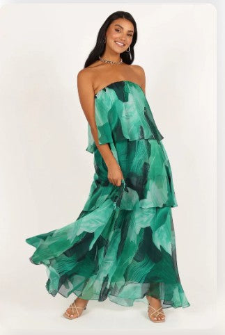 Chelsea - Off Shoulder Bandeau Printed Tiered Maxi Dress