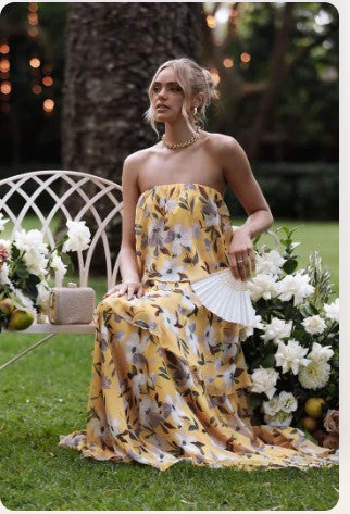 Chelsea - Off Shoulder Bandeau Printed Tiered Maxi Dress