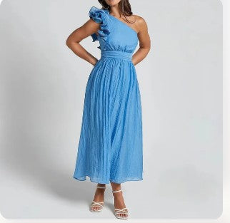 Jelly - Oblique Shoulder Ruffle Maxi Dress