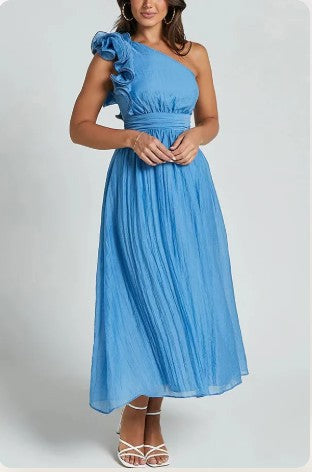 Jelly - Oblique Shoulder Ruffle Maxi Dress