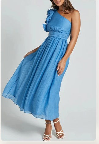 Jelly - Oblique Shoulder Ruffle Maxi Dress