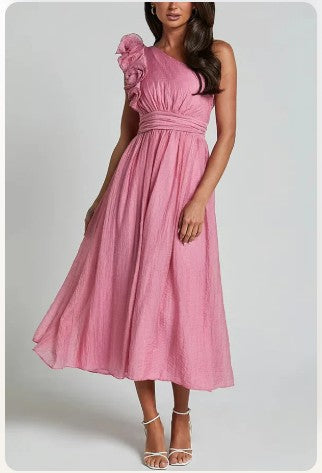 Jelly - Oblique Shoulder Ruffle Maxi Dress