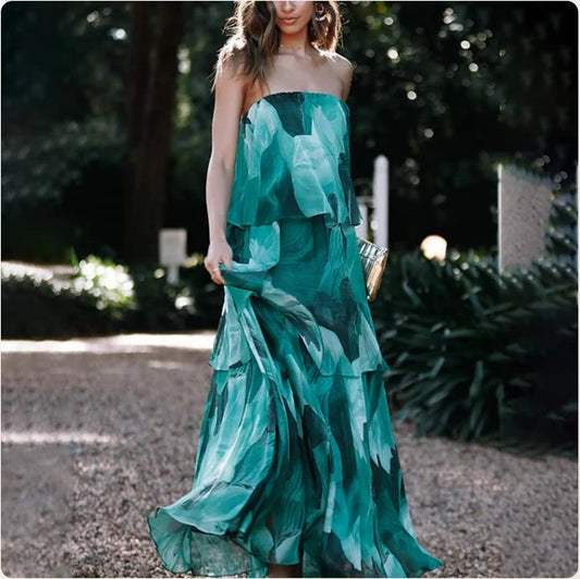 Chelsea - Off Shoulder Bandeau Printed Tiered Maxi Dress