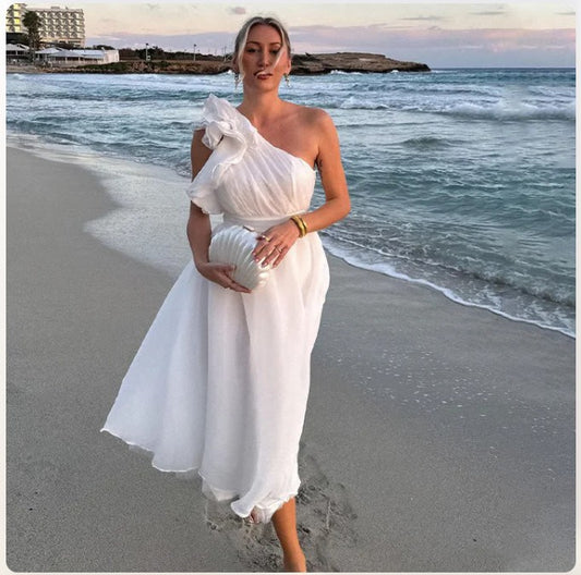 Jelly - Oblique Shoulder Ruffle Maxi Dress