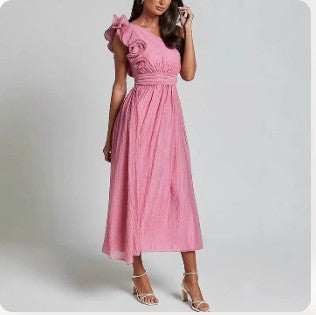 Jelly - Oblique Shoulder Ruffle Maxi Dress