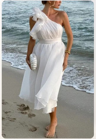 Jelly - Oblique Shoulder Ruffle Maxi Dress